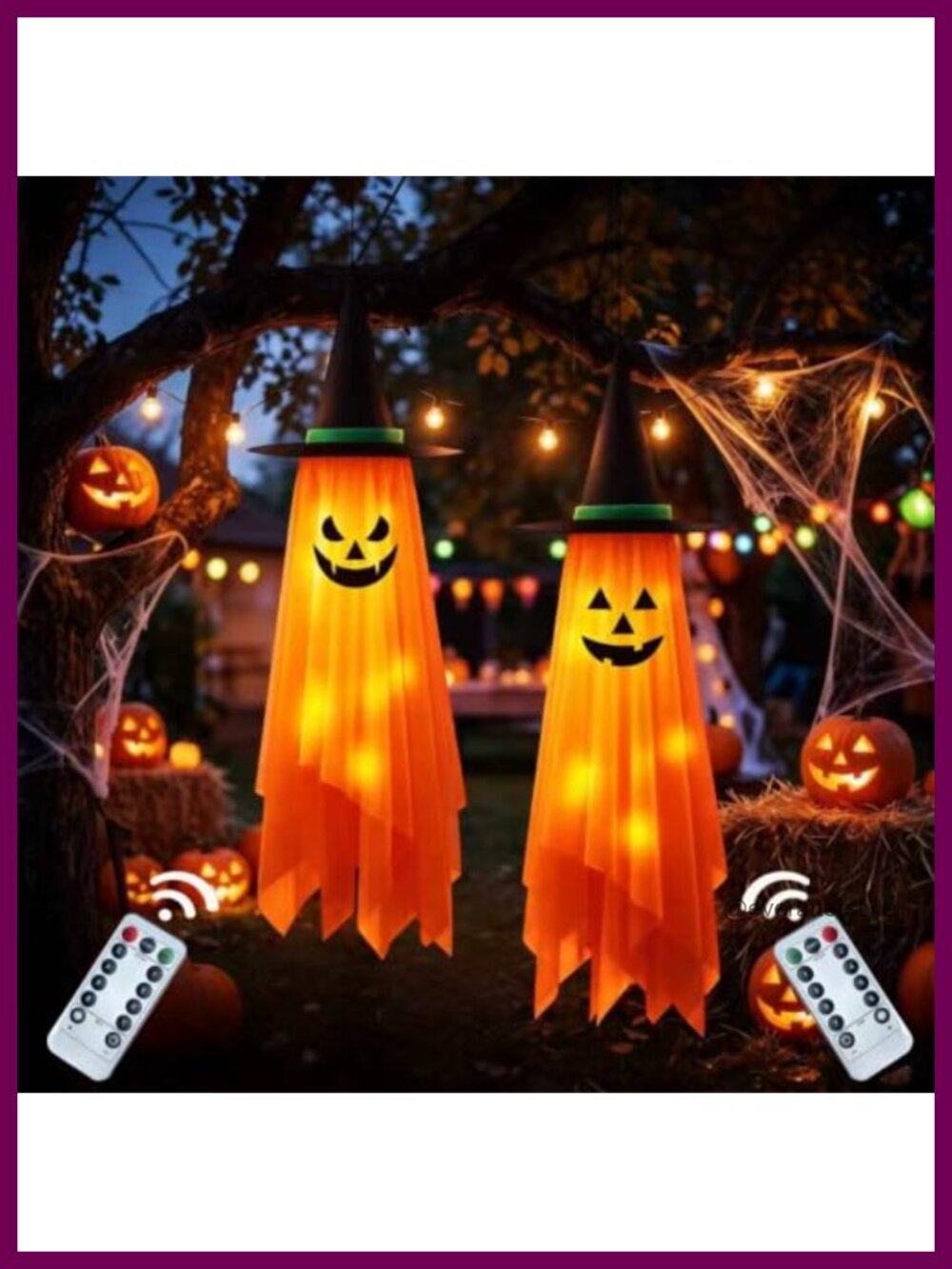 Halloween Hanging Decor Set 2Pc Lighted 4ft Mesh Fabric Remote Timer